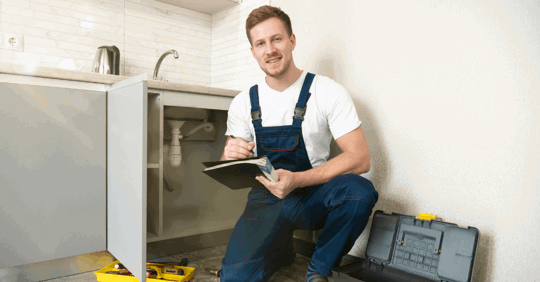 Plumber with a pad next to a sink