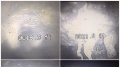Before, during & after images of a sewer line clogged with grease Photo